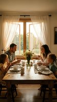 Family of four enjoying meal together at wooden dining table by large window with sheer curtains, natural daylight streaming in, casual home setting for lifestyle and domestic themes.