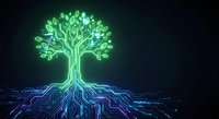 Digital tree with glowing green leaves and blue circuit board roots on dark background representing technology growth and innovation in artificial intelligence.