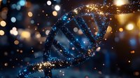 Glowing DNA strand with sparkling particles against dark background, blue and gold bokeh lights creating magical scientific atmosphere. Medical research concept.