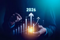 Business professional analyzing 2026 growth projections with glowing charts and upward arrows representing financial success and future planning.