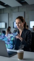 Caucasian woman professional in dark blazer gesturing at glowing email icons floating from laptop screen in modern office environment with colleagues and monitors in background.