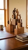 Wooden figurines arranged on blocks creating artistic display on desk near window with warm natural lighting for home decor and interior design concepts.