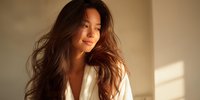 Young Asian woman with long wavy hair in white robe enjoying peaceful morning sunlight streaming through window creating warm golden hour atmosphere.