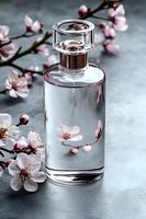 Glass perfume bottle with delicate cherry blossoms reflected on transparent surface against dark background, creating elegant spring fragrance composition.
