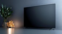 Modern flat screen television on gray wall with decorative plant and glowing fairy lights creating cozy ambient atmosphere in dark room interior setting.