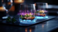 Glowing magical cocktail with colorful luminescent layers and floating herbs in crystal glass on dark background, creative mixology and beverage art.
