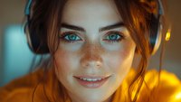 Young woman with blue eyes and freckles wearing headphones in warm golden lighting. Portrait of female gamer or music listener with natural makeup.