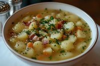 Homemade potato soup with tender chunks of potato, diced carrots, crispy bacon bits and fresh herbs in clear savory broth served in white bowl.