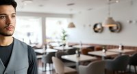 Young man with dark hair and facial stubble, appearing to be of Mediterranean or Middle Eastern descent, wearing a casual gray cardigan over a black shirt, standing in a modern restaurant or café interior with blurred dining tables and pendant lighting in the background.