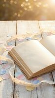 Open vintage book with colorful confetti and golden ribbon on rustic wooden table with warm bokeh lights creating romantic atmosphere for celebrations.