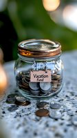 Glass jar filled with coins labeled as vacation fund on rustic surface with soft bokeh background, representing savings goals and financial planning.