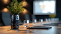 Modern conference room detail with evergreen plant in black textured vase on wooden table, empty glasses and digital tablet, selective focus with bokeh lights.