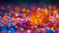 Glowing orange crystal sphere with magical bokeh lights in blue and purple colors creating dreamy atmospheric background for spiritual designs.
