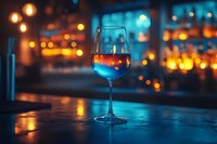Glass of red wine on bar counter with warm and cool bokeh lights in evening ambiance, suitable for restaurant, wine bar, and hospitality marketing.