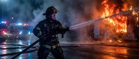 Firefighter in protective gear battles intense house fire with water hose during nighttime emergency response operation with rescue vehicles in background.