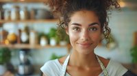 Young mixed race woman with curly hair and natural makeup smiling warmly in cozy kitchen interior with soft bokeh lighting and wooden shelves in background.