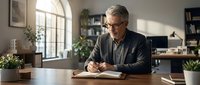 Mature man with gray hair and glasses, wearing dark blazer, writing in notebook at wooden desk in modern office with plants and natural light.