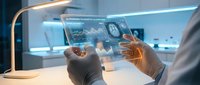 Professional using futuristic holographic interface with digital data visualization and analytics dashboard in modern office workspace.