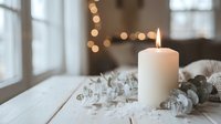 Cozy winter home decor with burning white candle, eucalyptus leaves and warm bokeh lights creating peaceful hygge atmosphere for relaxation and wellness.