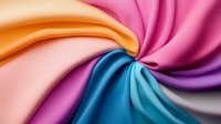 Colorful twisted silk fabric in vibrant rainbow colors creates dynamic swirl pattern with smooth flowing curves and luxurious satin texture. Elegant background design.