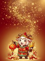 Cartoon Asian deity character wearing red traditional clothing with gold coins and lanterns, surrounded by golden sparkles and prosperity symbols on warm gradient background.