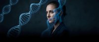 Professional woman scientist with DNA helix structure in blue lighting for genetic research and biotechnology concepts in modern laboratory setting.