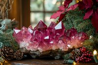 Pink amethyst crystal cluster with pine cones and poinsettia flowers in festive holiday setting, natural mineral specimen against evergreen branches and winter decor.