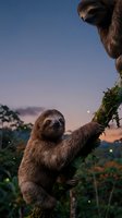 Adorable sloth hanging on tree branch during magical twilight hour with starry sky background in tropical rainforest habitat for wildlife photography.