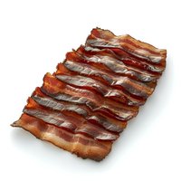 Crispy cooked bacon strips arranged in neat rows on white background, isolated food photography for menu, cookbook, and restaurant advertising purposes.