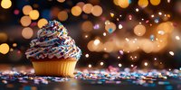 Festive cupcake with blue frosting and colorful sprinkles on dark surface against blurred golden bokeh lights background, celebration party atmosphere.