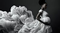 Elegant African American woman in flowing white gown with dramatic fabric movement against dark background for fashion and luxury branding projects.