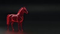 Red wireframe horse model with glowing neon lines on dark background for technology presentations and digital art projects.