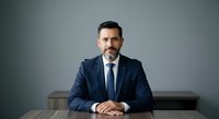 Professional middle-aged man with dark hair and beard wearing navy business suit and tie, seated at desk against neutral gray background for corporate portraits and business communications.