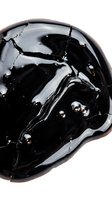 Glossy black liquid with metallic droplets and flowing streams on white background, suitable for cosmetics, skincare, and beauty product packaging design.