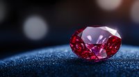Sparkling red ruby gemstone on dark textured surface with bokeh background, macro photography highlighting crystal facets and luxury jewelry details.