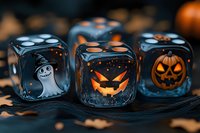 Glowing Halloween dice with spooky ghost and jack o lantern faces on translucent cubes against dark background with scattered autumn leaves and orange accents.