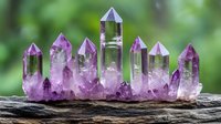 Purple amethyst crystal cluster with multiple points and clear quartz formations on natural stone base against soft green forest background.