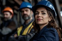 Confident female construction engineer in blue hard hat leading diverse team at industrial site, expressing leadership and professional expertise in construction field.