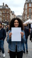 Happy mixed-race woman holding blank white paper sign in busy urban street market for advertising mockup and promotional campaigns.