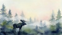 Majestic moose silhouette standing in misty forest landscape with evergreen trees. Watercolor painting style nature scene for wall art and home decor.