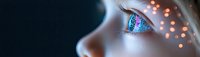 Close up macro shot of blue eye with glowing bokeh lights reflection, side view profile of young caucasian woman face in dark background with magical effect.