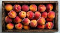 Fresh ripe peaches with red and yellow skin arranged in rustic wooden box, top view. Natural organic fruit harvest for healthy eating and farm market.