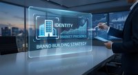 Business professional interacting with holographic brand building strategy interface in modern office overlooking city skyline at dusk.
