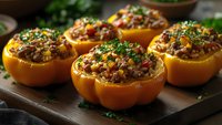 Stuffed yellow bell peppers with savory meat and vegetable filling, garnished with fresh herbs on wooden cutting board.