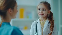 Young girl in white medical coat and stethoscope smiling at female doctor during career day or medical checkup, healthcare education concept in clinic setting.