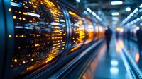 Futuristic data center corridor with glowing server racks emitting orange light, blurred background showing technology infrastructure and network connectivity in modern facility.