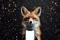 Red fox portrait with smartphone against dark background with golden bokeh lights. Wildlife meets technology concept.