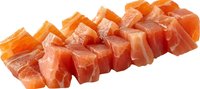 Fresh raw salmon cubes arranged in row showing bright orange-pink color and marbled texture, ready for sushi, poke bowls or cooking on white background.