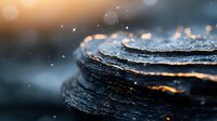 Layered dark stone with water drops and golden sunlight reflections creating atmospheric macro photography with shallow depth of field and bokeh effect.