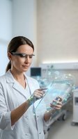 Female scientist using smart glasses and holographic tablet displaying medical data in modern laboratory for healthcare technology research.